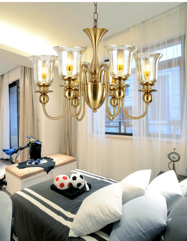 6 Light Champagne Glass Brass Italian Chandelier