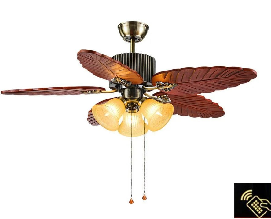 Havana Breeze (48 inches Span, Dark Brown Leaf-Shaped Blades, Frosted Glass Chandelier) Ceiling Fan
