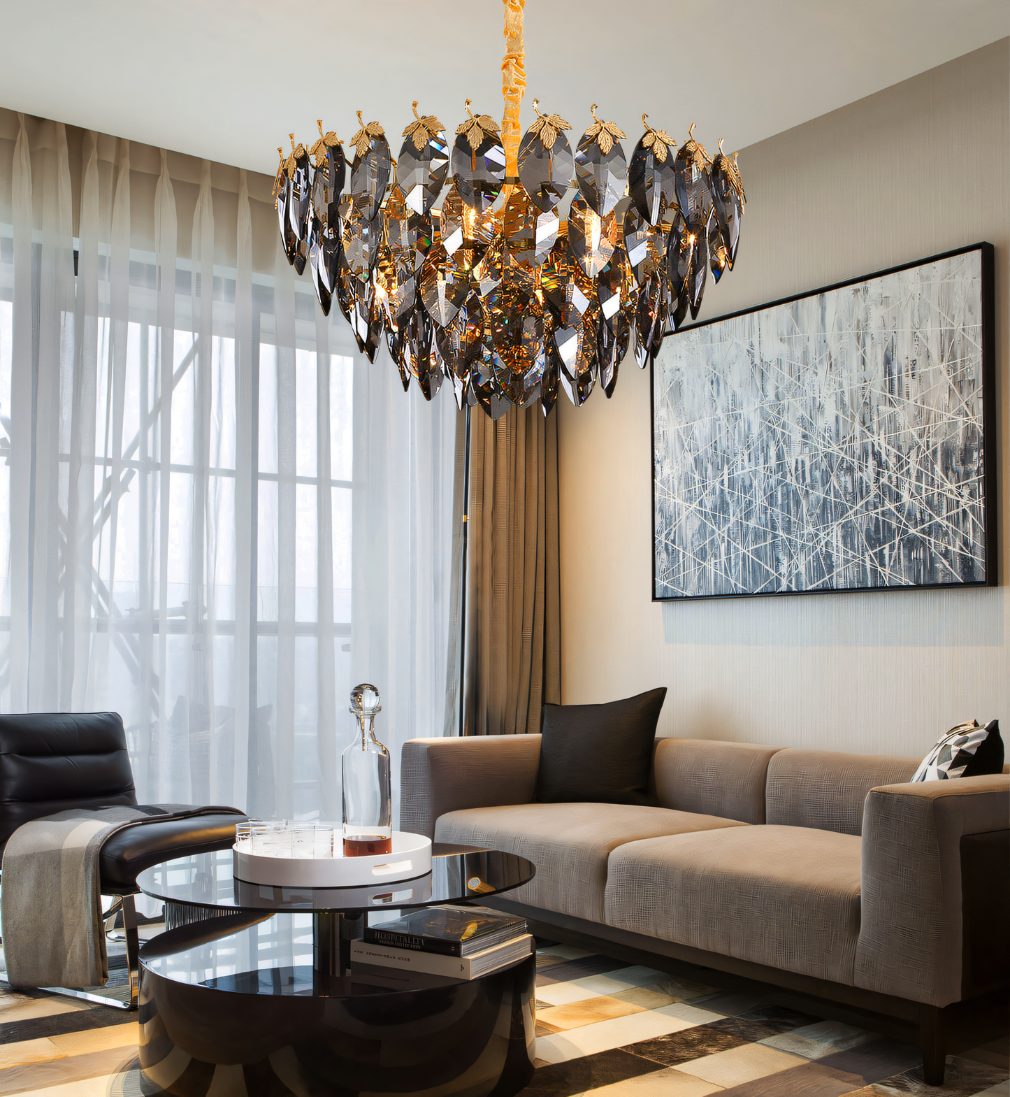 600mm Modern Simple Round Villa Decorative Crystal Leaf Chandelier