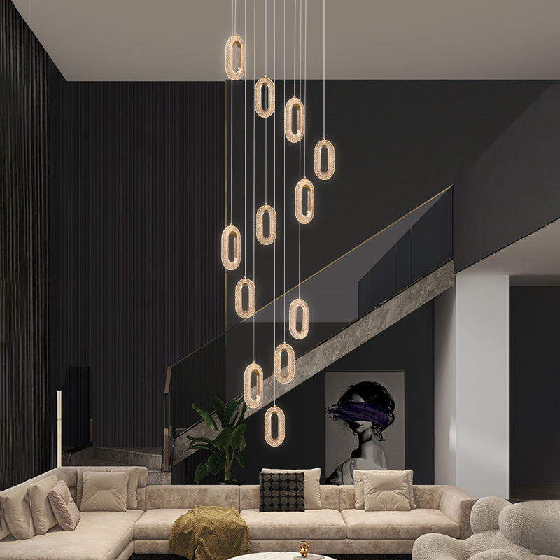 Exquisite 12-Light LED Crystal Oval Double Height Stair Chandelier