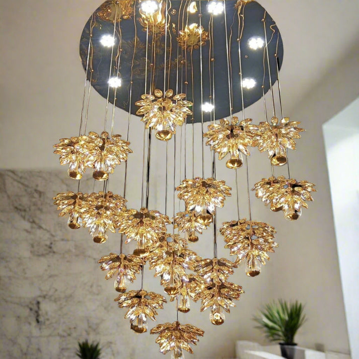 25-Light LED Crystal Flower Double Height Long Stair Chandelier