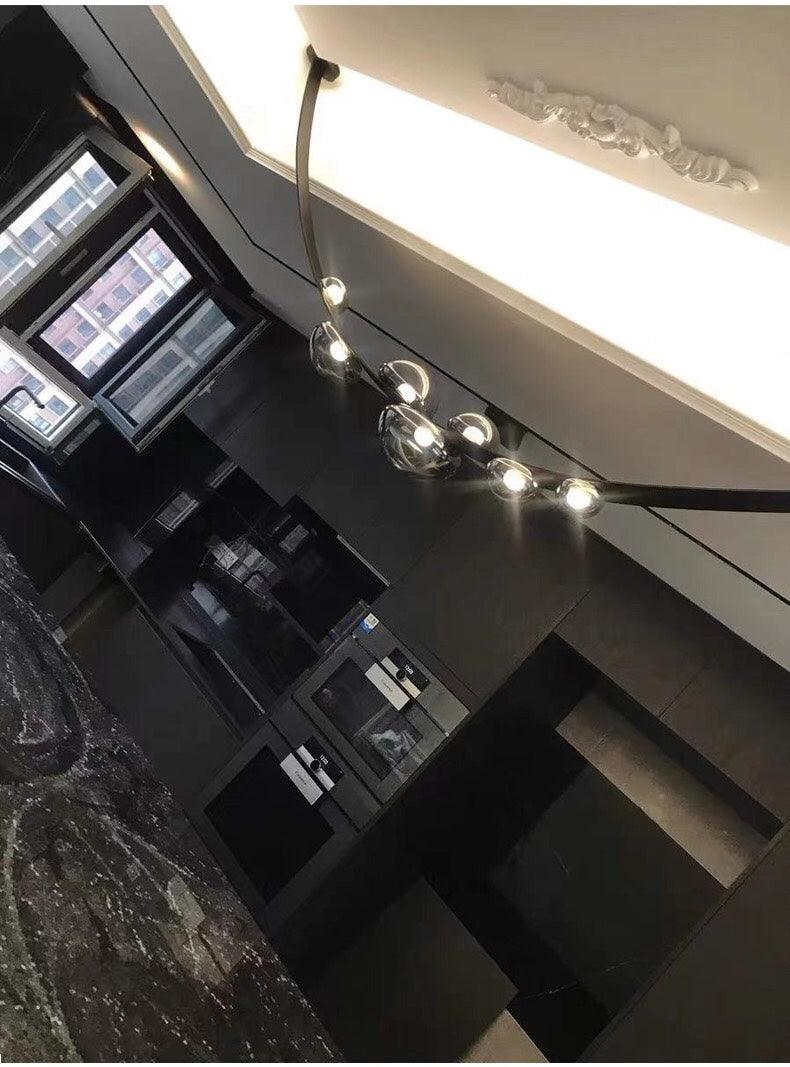 7 Light 3000mm Black Leather Belt Black Smokey Glass Chandelier Hanging Lamp