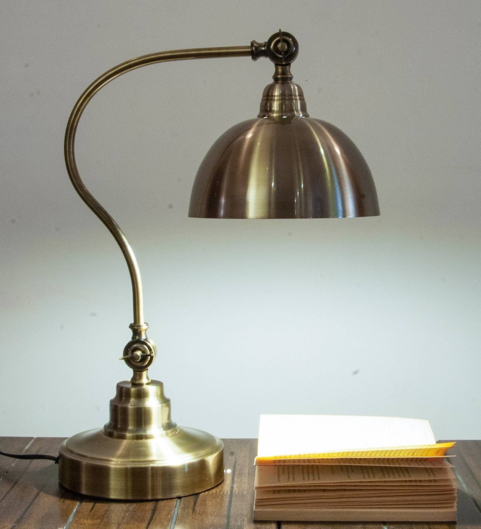 Antique Metal Base Brown Shade Desk Lamp