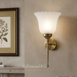 Scalloped Frosted Glass Sconce, Antique Brass E27 30cm Wall Light