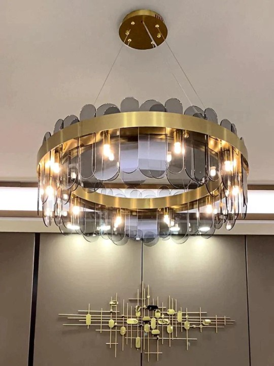 Gold Toned Brass Metal Smokey Glass Led Chandelier