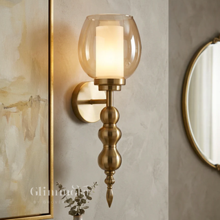 Cognac Amber Glass Sconce, Antique Brass 15 Inch Wall Light