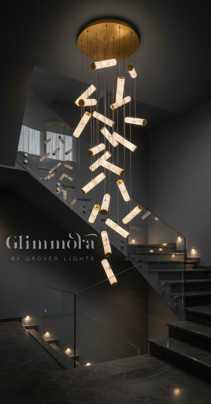 22 Lights Imperial Marble Tube Double Height Stair Chandelier