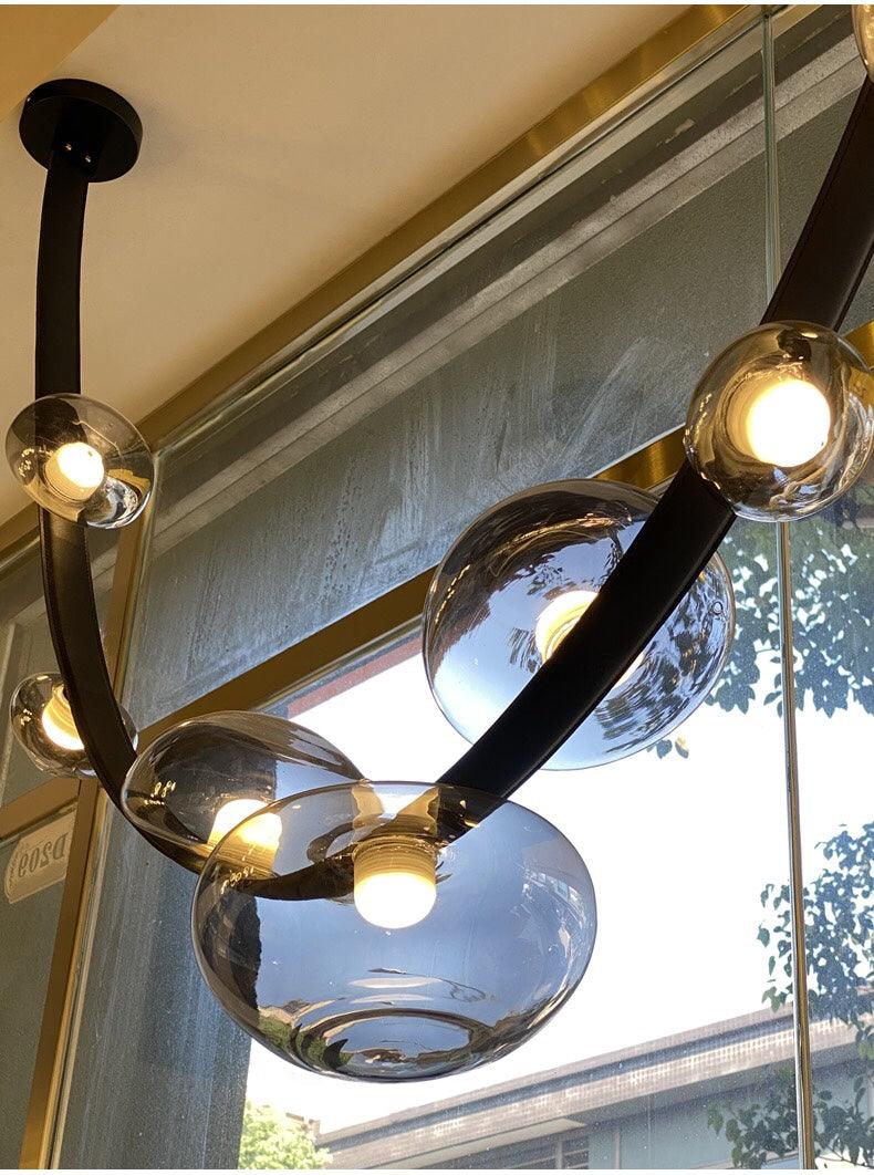 7 Light 3000mm Black Leather Belt Black Smokey Glass Chandelier Hanging Lamp