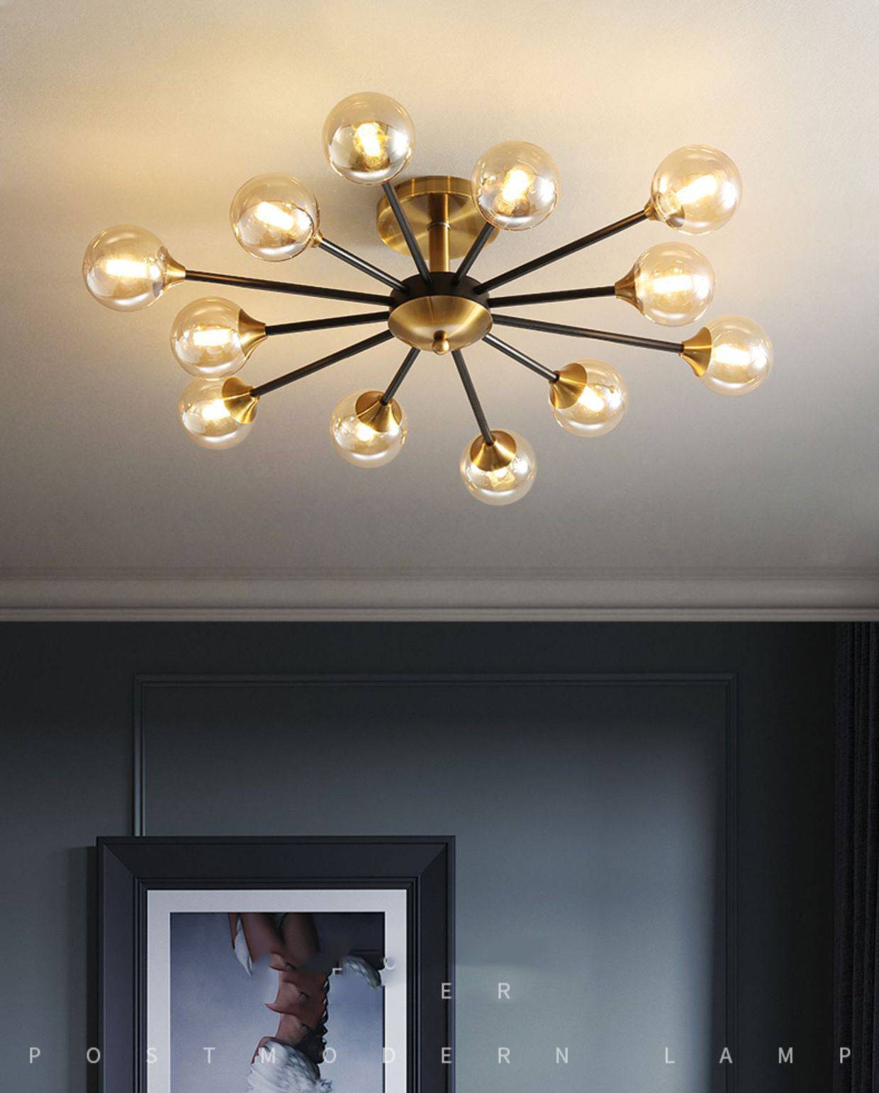 Exquisite 12-Light Gold Black Amber Glass Chandelier