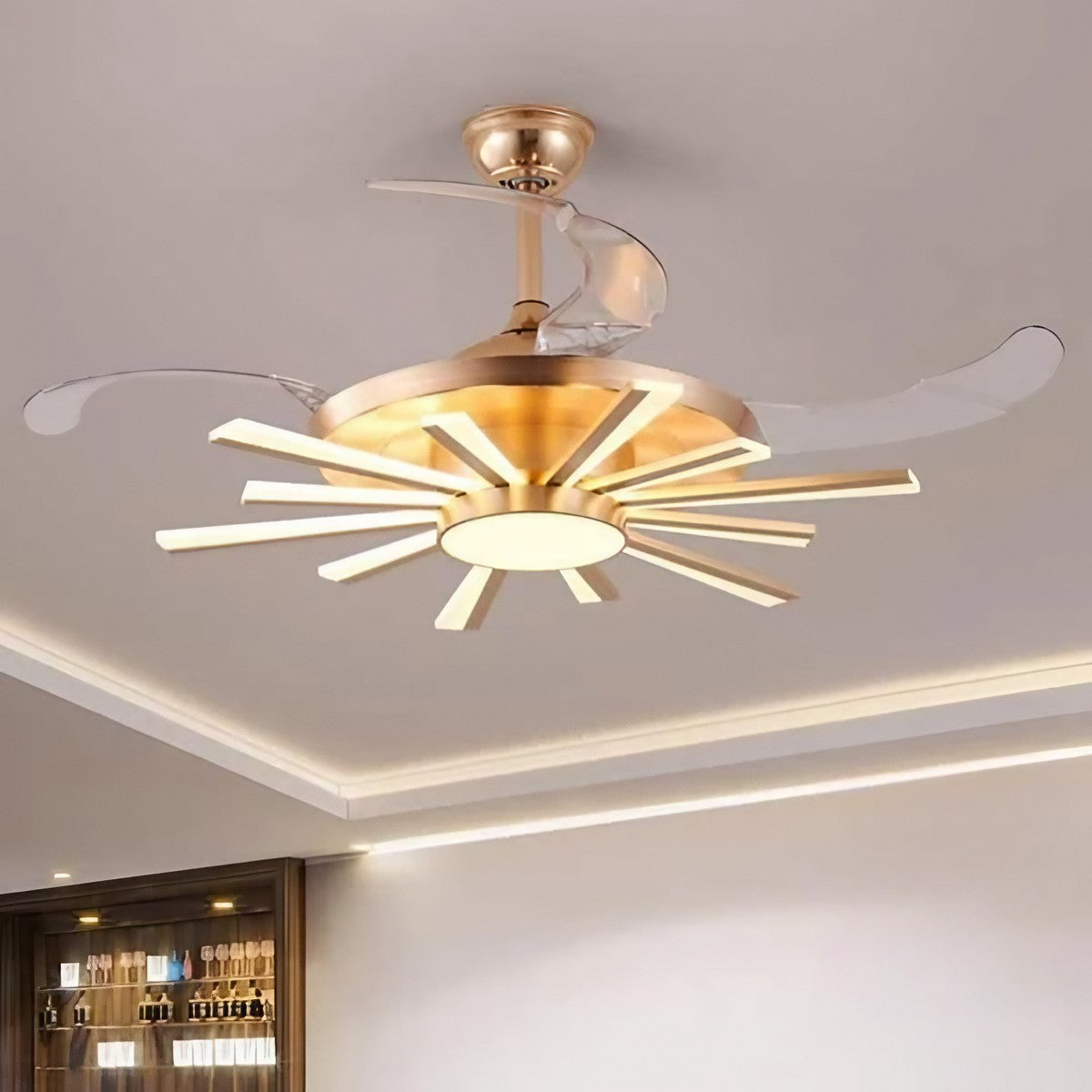 Indoor Peaks (42-Inch, 12 Acrylic Lighting Heads, Transparent ABS Blades) Gold LED Ceiling Fan