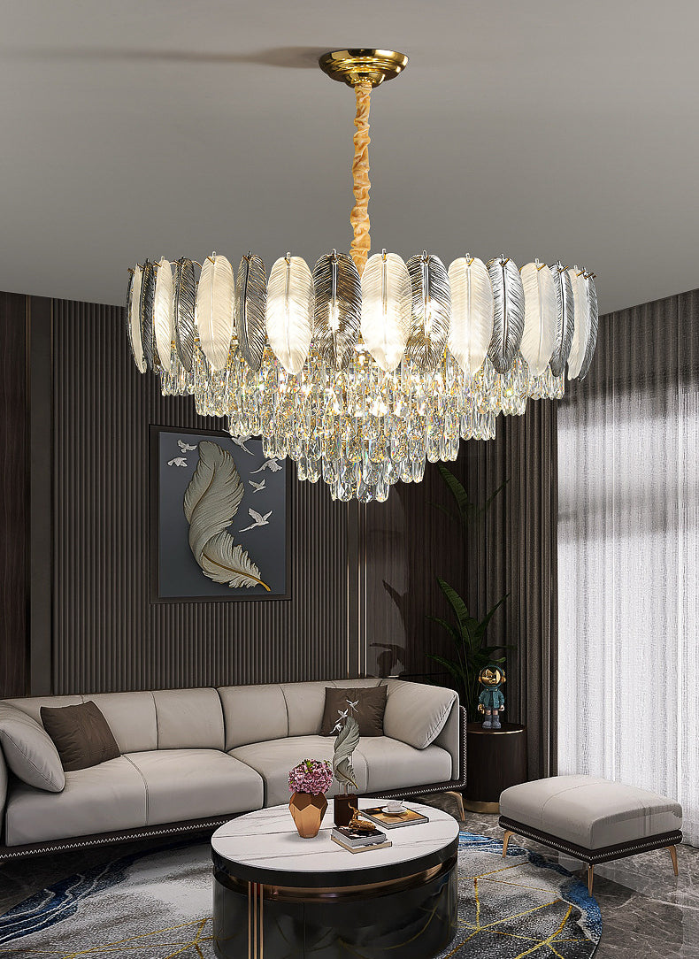 Feather Glint: Glass Crystal Gold Chandelier