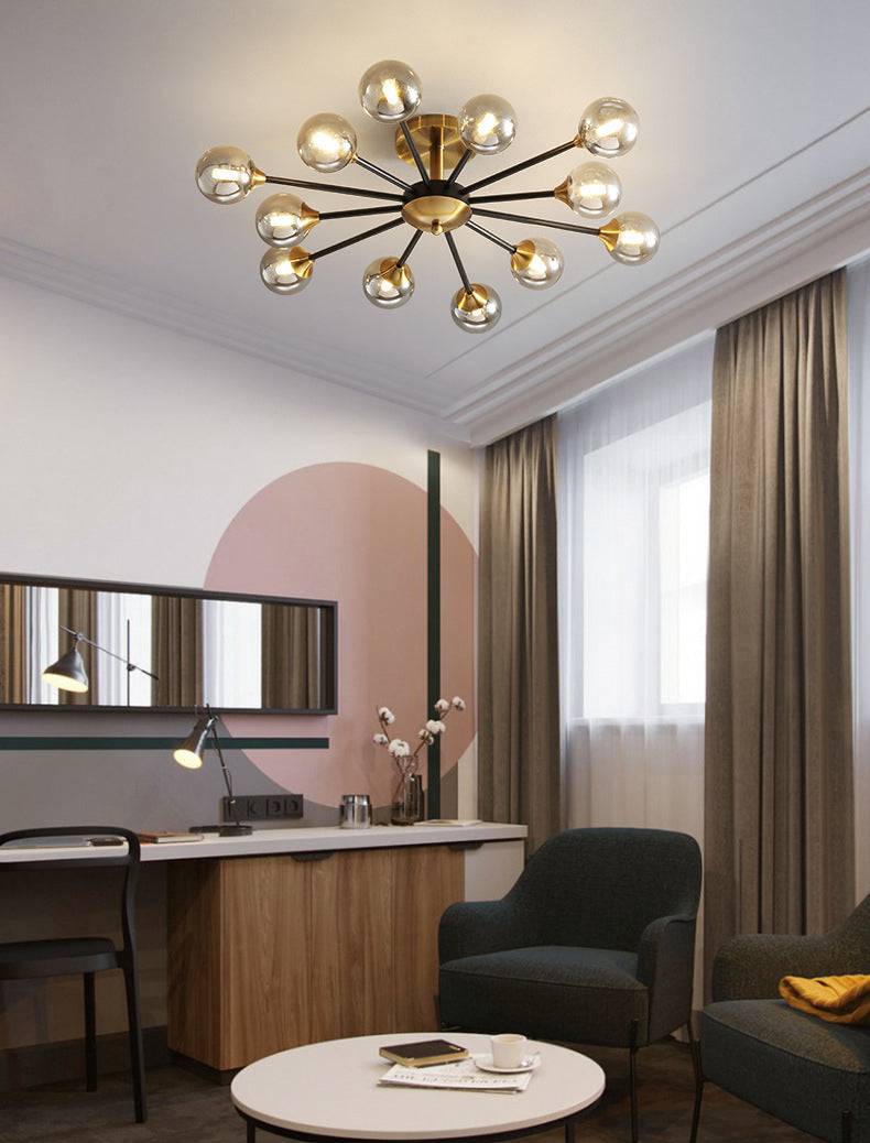 Exquisite 12-Light Gold Black Amber Glass Chandelier