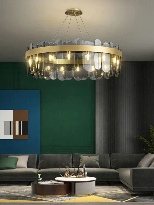 Gold Toned Brass Metal Smokey Glass Led Chandelier