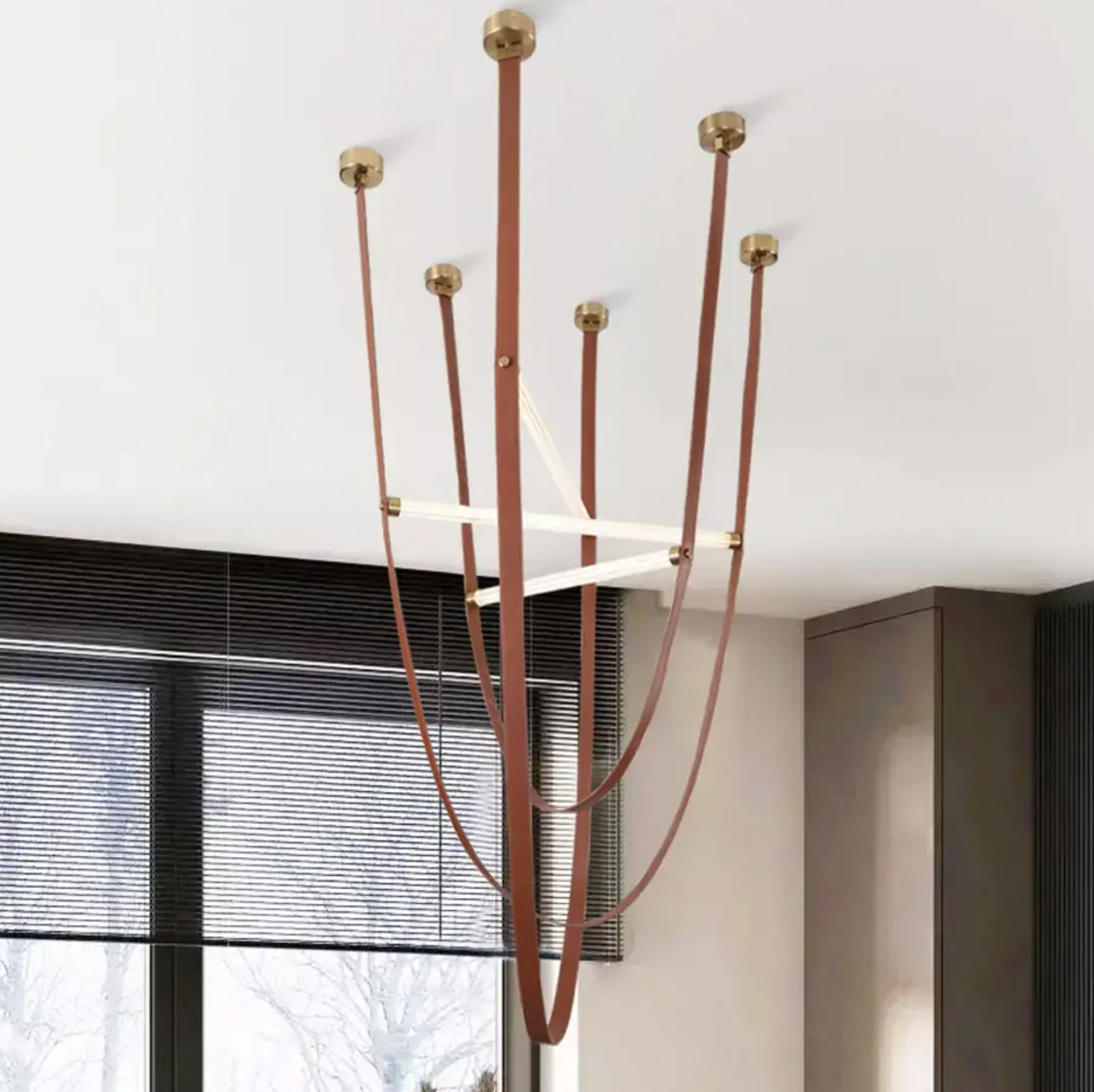 Beige Leather Strap Hanging Chandelier Light