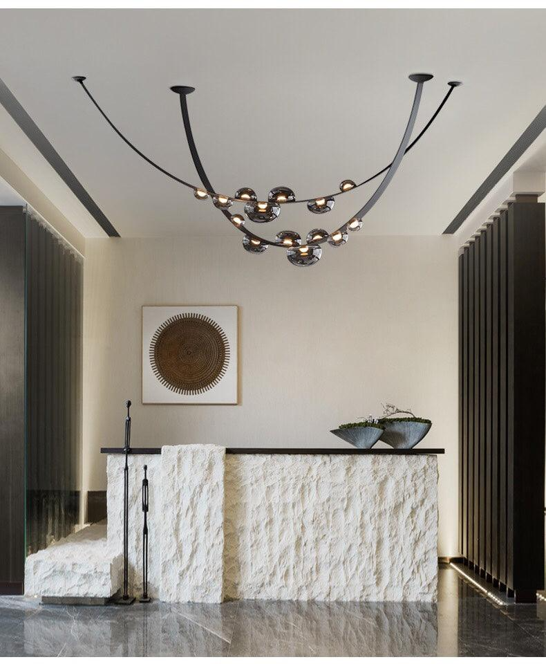 7 Light 3000mm Black Leather Belt Black Smokey Glass Chandelier Hanging Lamp