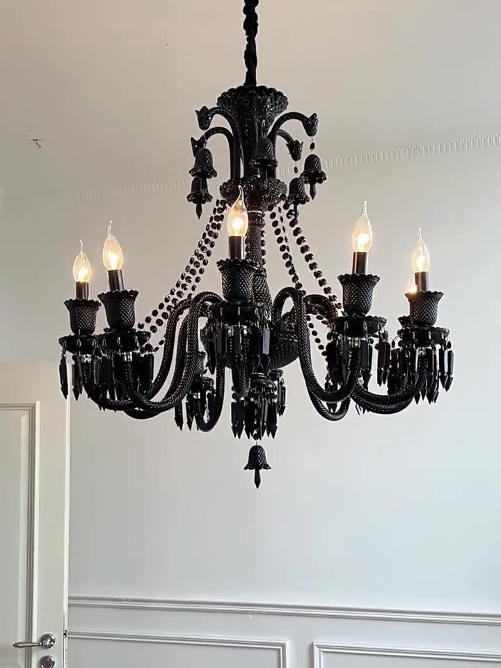 8 Light Black Glass Italian Chandelier