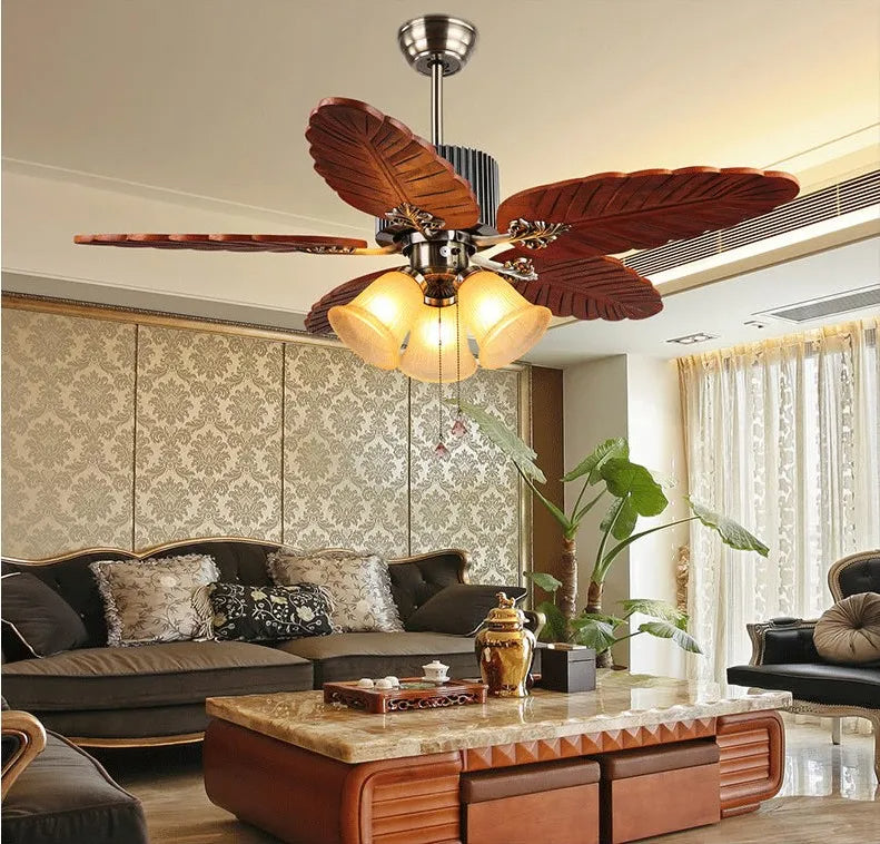 Havana Breeze (48 inches Span, Dark Brown Leaf-Shaped Blades, Frosted Glass Chandelier) Ceiling Fan