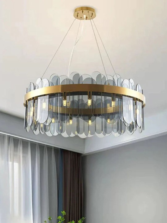 Gold Toned Brass Metal Smokey Glass Led Chandelier