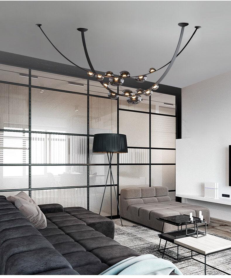 7 Light 3000mm Black Leather Belt Black Smokey Glass Chandelier Hanging Lamp