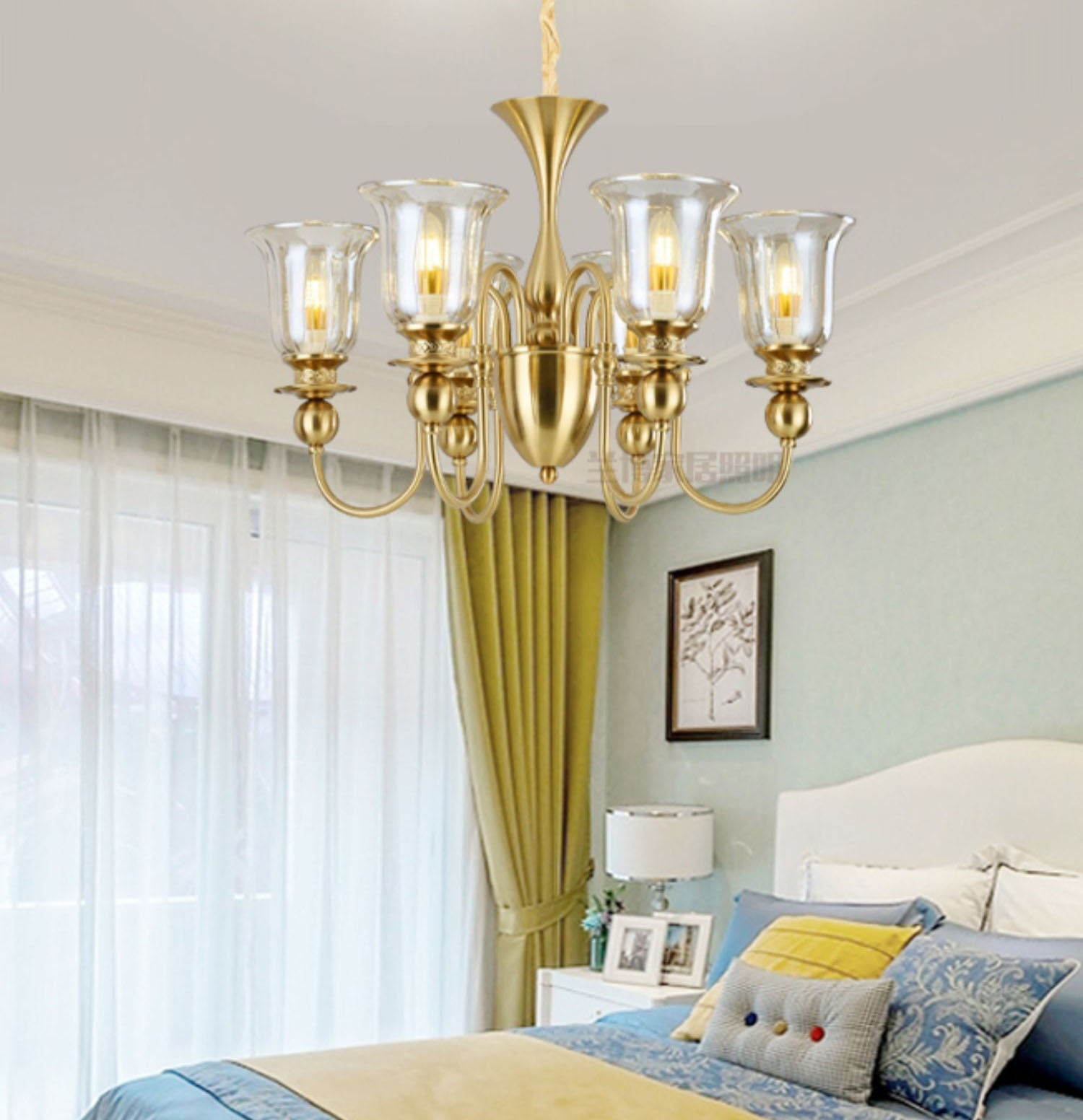 6 Light Champagne Glass Brass Italian Chandelier