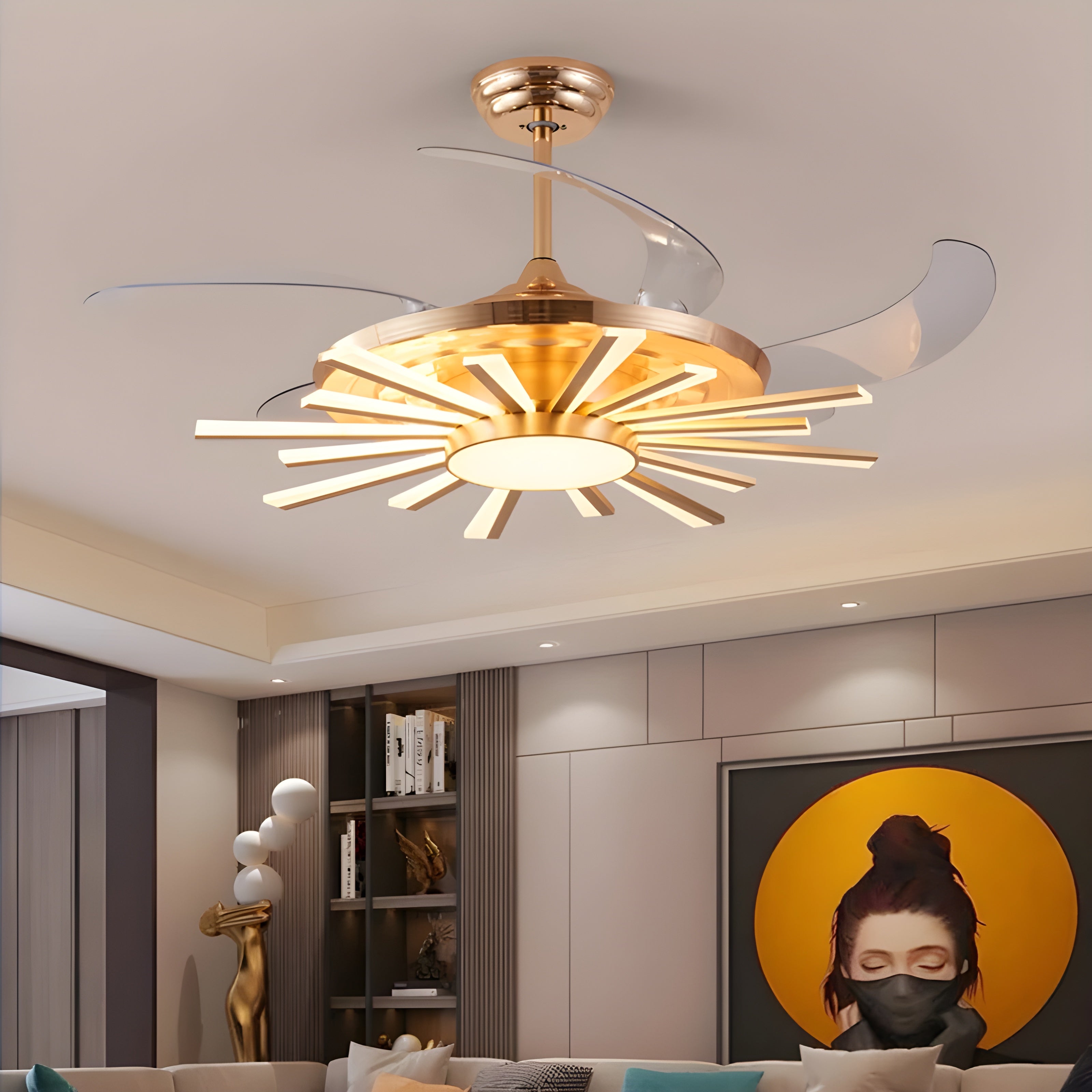 Indoor Peaks (42-Inch, 12 Acrylic Lighting Heads, Transparent ABS Blades) Gold LED Ceiling Fan