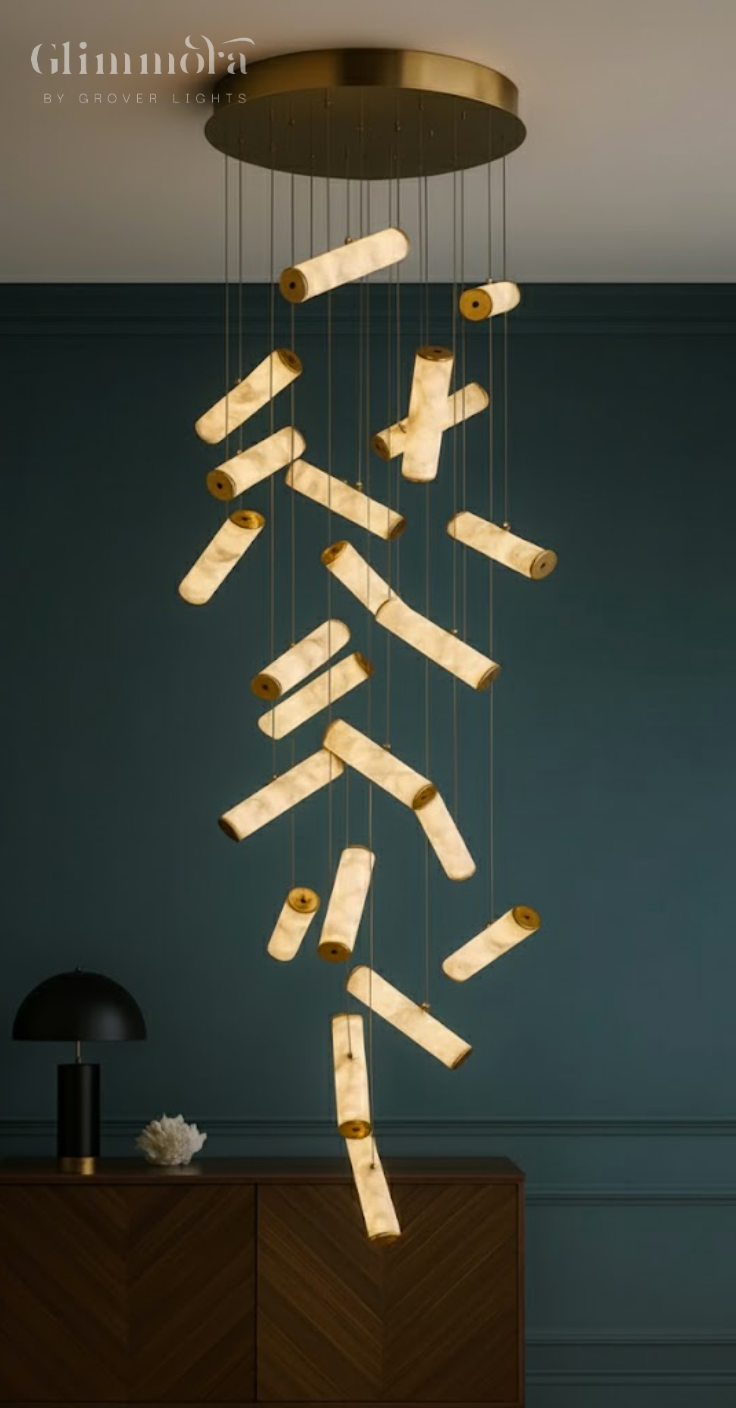 22 Lights Imperial Marble Tube Double Height Stair Chandelier