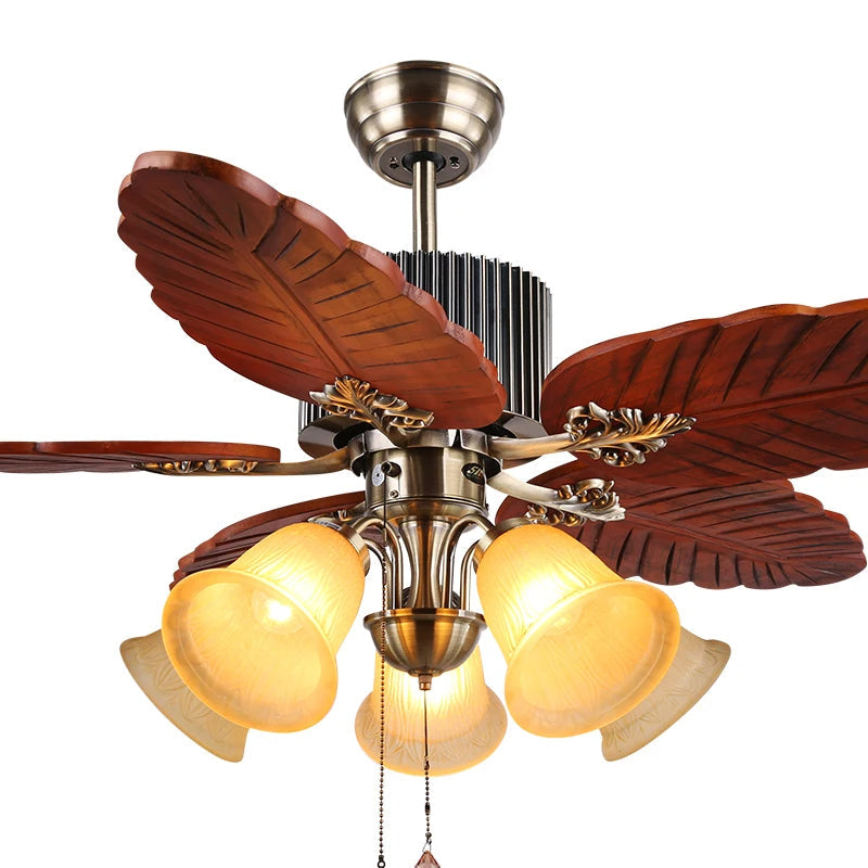 Havana Breeze (48 inches Span, Dark Brown Leaf-Shaped Blades, Frosted Glass Chandelier) Ceiling Fan