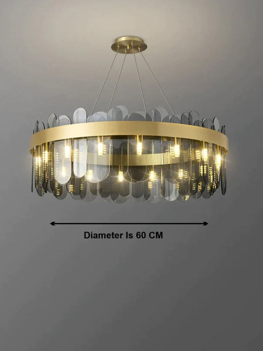 Gold Toned Brass Metal Smokey Glass Led Chandelier