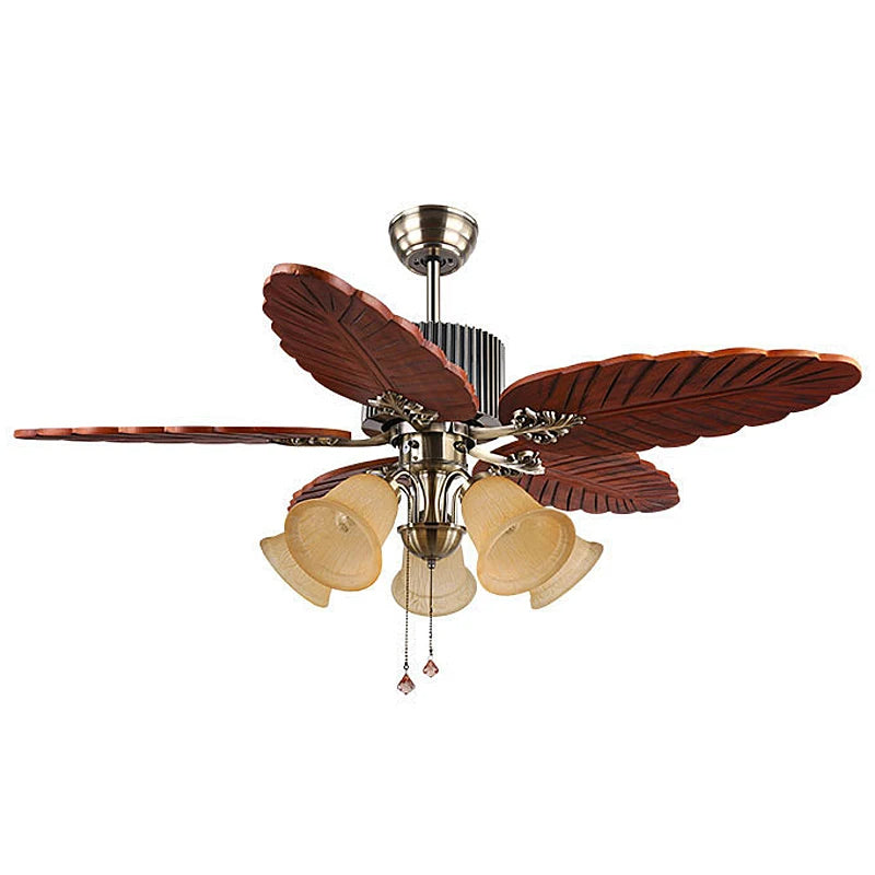 Havana Breeze (48 inches Span, Dark Brown Leaf-Shaped Blades, Frosted Glass Chandelier) Ceiling Fan
