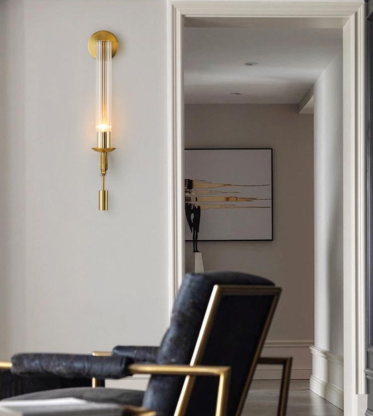 LED Transparent Long Glass Wall Light in Modern Copper Metal