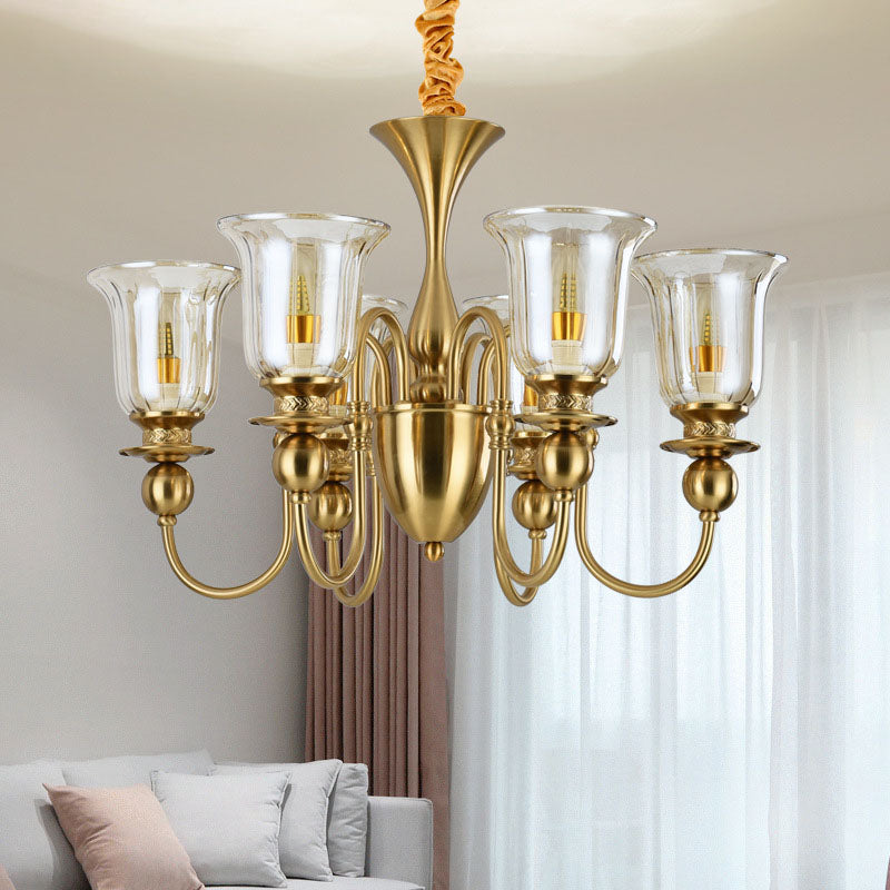 6 Light Champagne Glass Brass Italian Chandelier