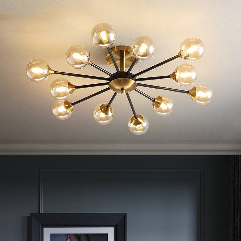 Exquisite 12-Light Gold Black Amber Glass Chandelier
