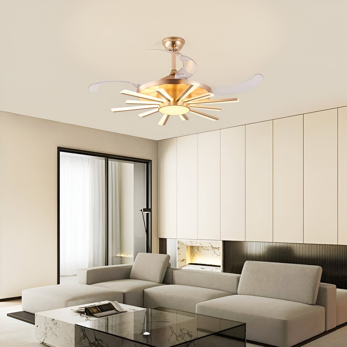 Indoor Peaks (42-Inch, 12 Acrylic Lighting Heads, Transparent ABS Blades) Gold LED Ceiling Fan