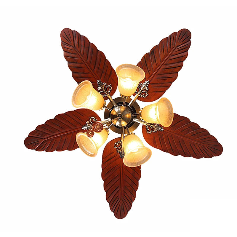Havana Breeze (48 inches Span, Dark Brown Leaf-Shaped Blades, Frosted Glass Chandelier) Ceiling Fan