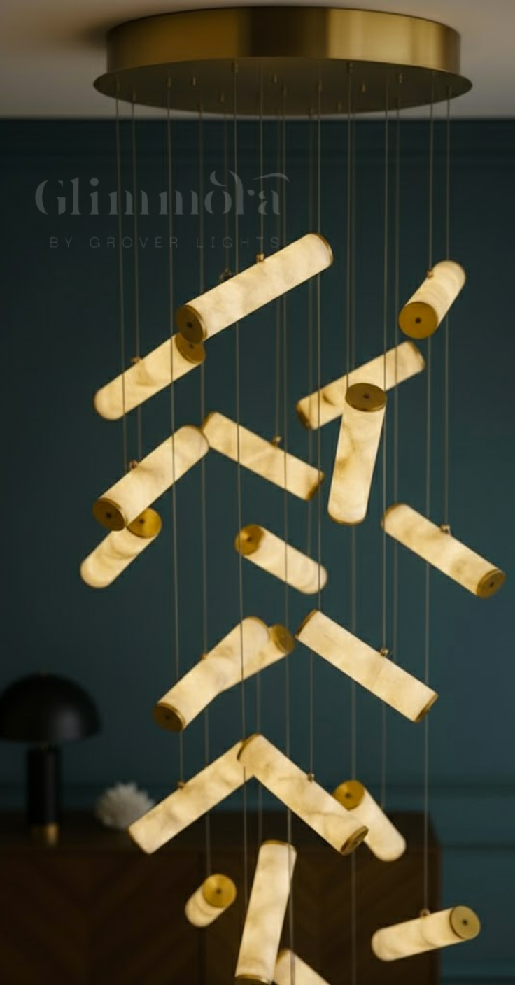 22 Lights Imperial Marble Tube Double Height Stair Chandelier