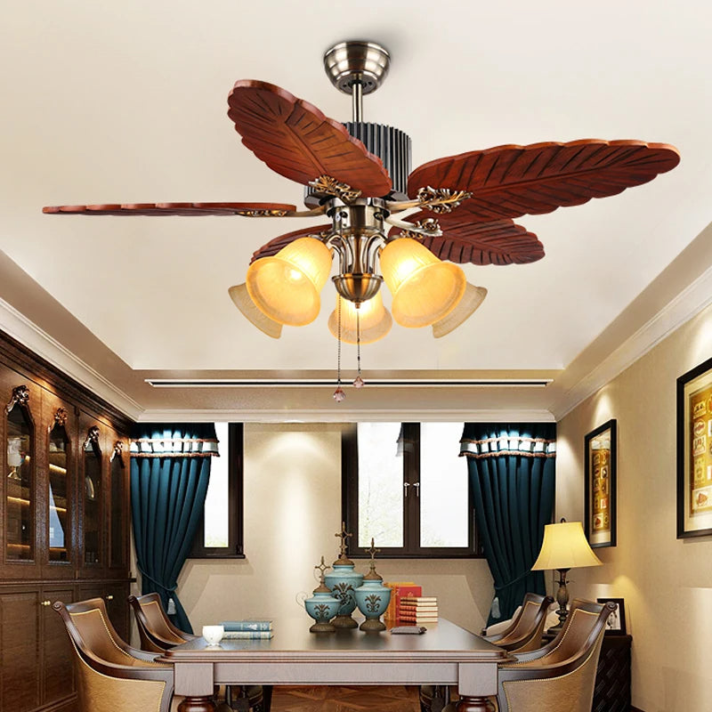 Havana Breeze (48 inches Span, Dark Brown Leaf-Shaped Blades, Frosted Glass Chandelier) Ceiling Fan