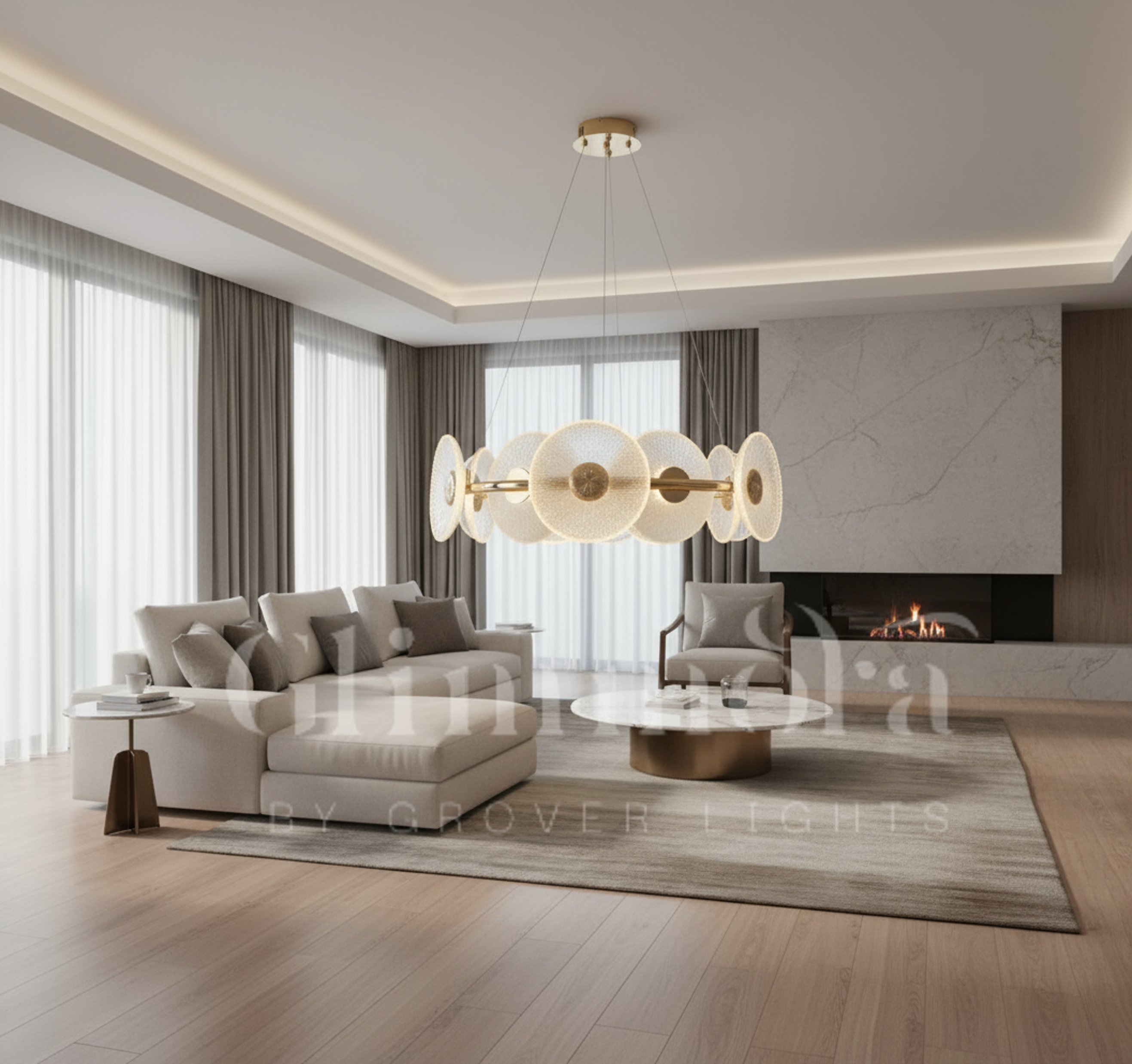 Kissed by Gold (24 Inches, Tri-Color Floral Glass Disc) Chandelier