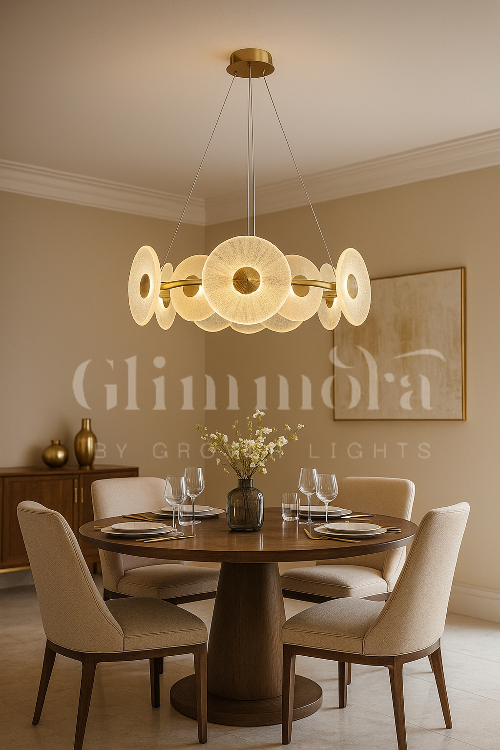 Kissed by Gold (24 Inches, Tri-Color Floral Glass Disc) Chandelier