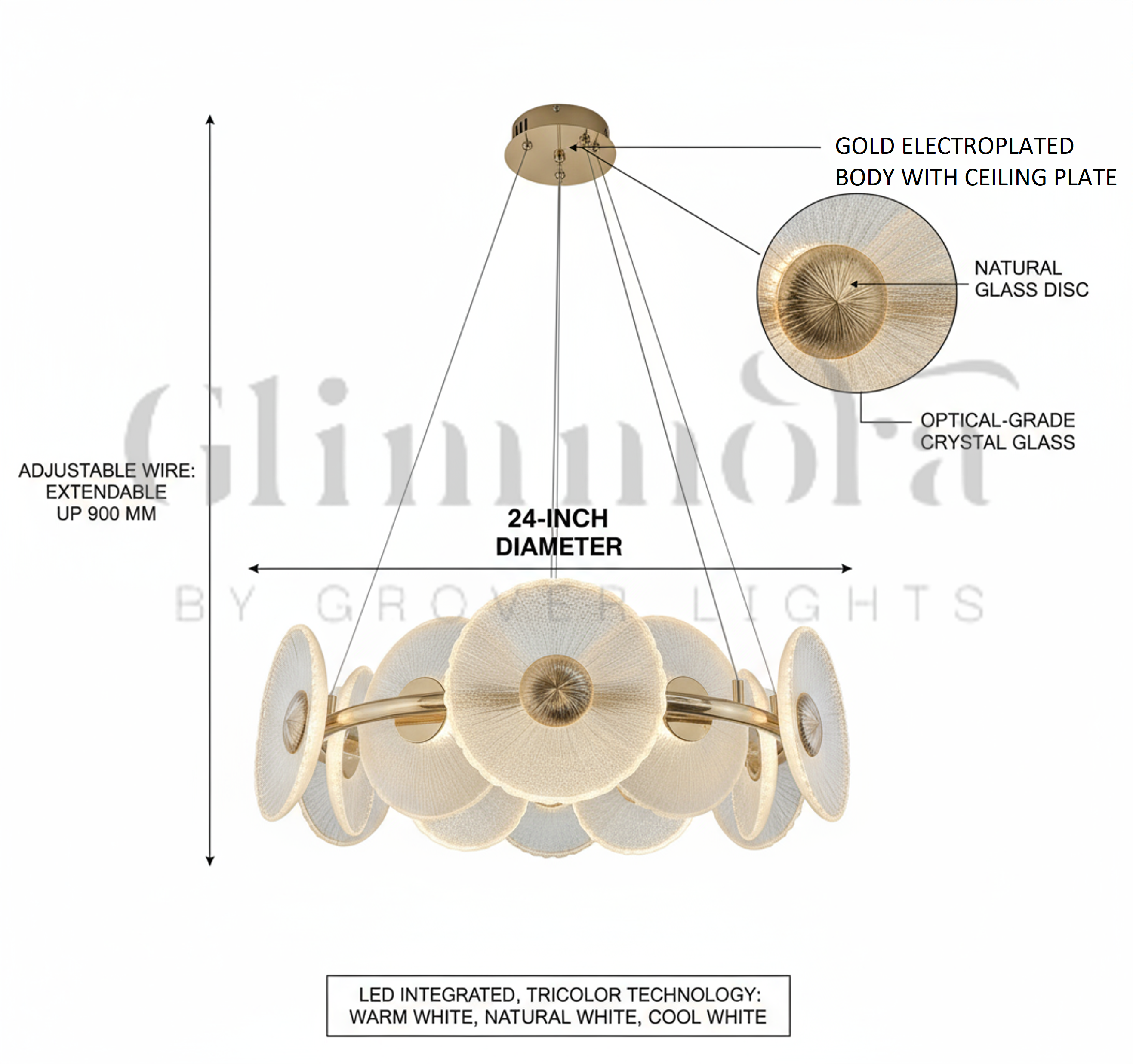Kissed by Gold (24 Inches, Tri-Color Floral Glass Disc) Chandelier
