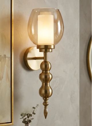 Cognac Amber Glass Sconce, Antique Brass 15 Inch Wall Light