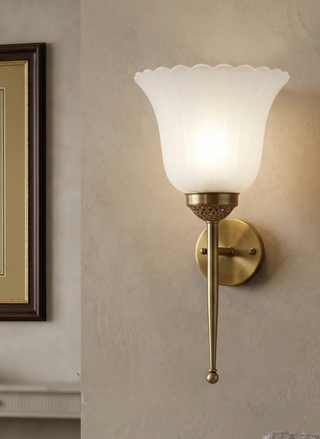 Scalloped Frosted Glass Sconce, Antique Brass E27 30cm Wall Light