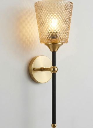Amber Textured Glass Sconce, Black and Brass E27 Modern Light