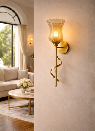 Twisted Stem Wall Sconce, Gold Textured Glass E14 Accent Light