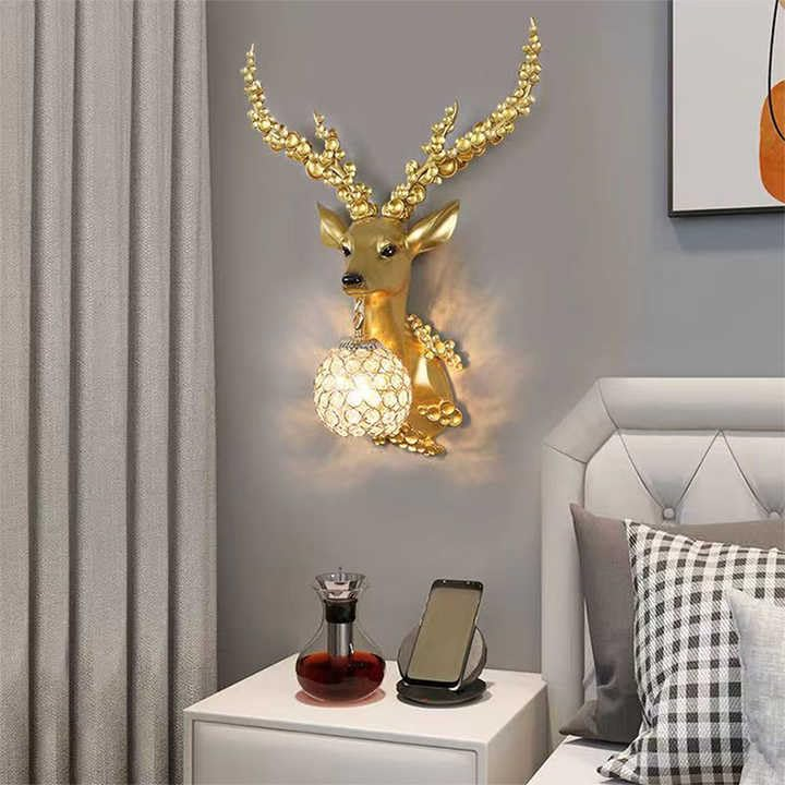 Golden Crystal Deer Head Wall Lamp
