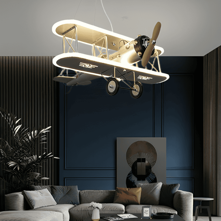 Airplane Modern Art Deco Cartoon Biplane LED Suspended Light Chandelier Fan For Boys Bedroom Children's Room
