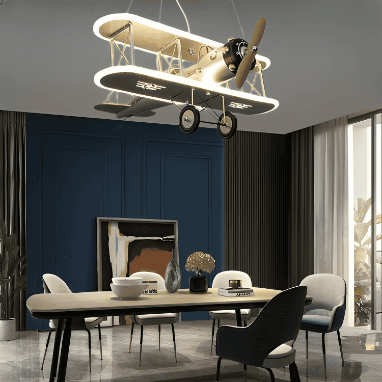 Airplane Modern Art Deco Cartoon Biplane LED Suspended Light Chandelier Fan For Boys Bedroom Children's Room
